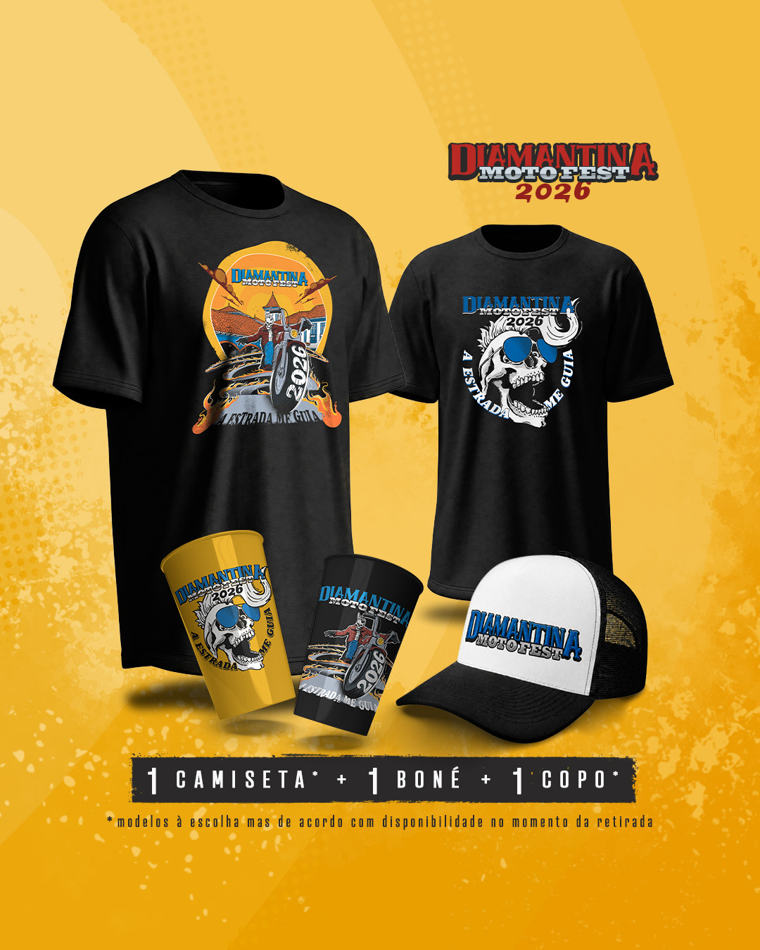 Kit Motofest 2026 — 1 camiseta, 1 boné e 1 copo com a arte oficial do festival