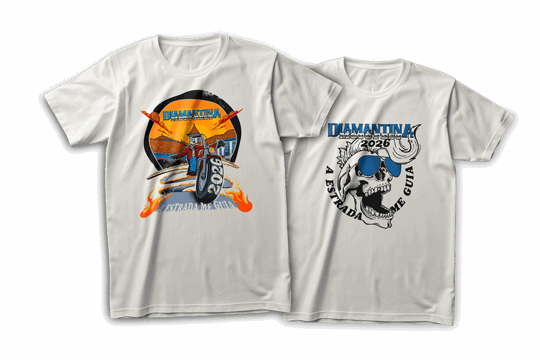 Camisetas Diamantina Motofest 2026 na cor branca — modelos Clássico e Caveira