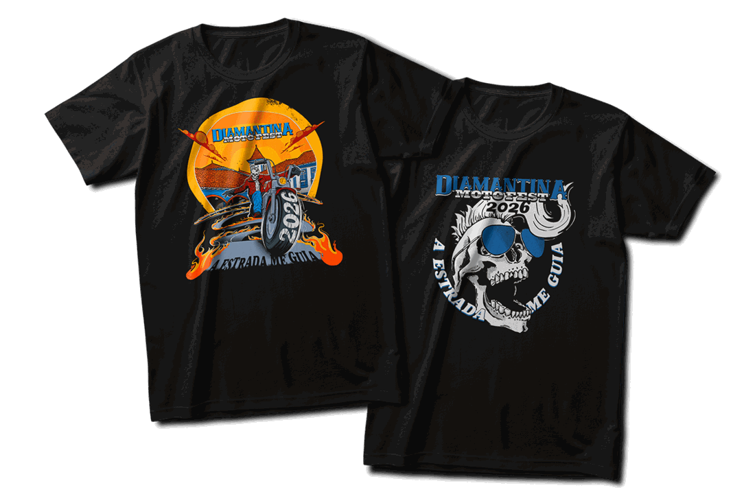Camisetas Diamantina Motofest 2026 na cor preta — modelos Clássico e Caveira